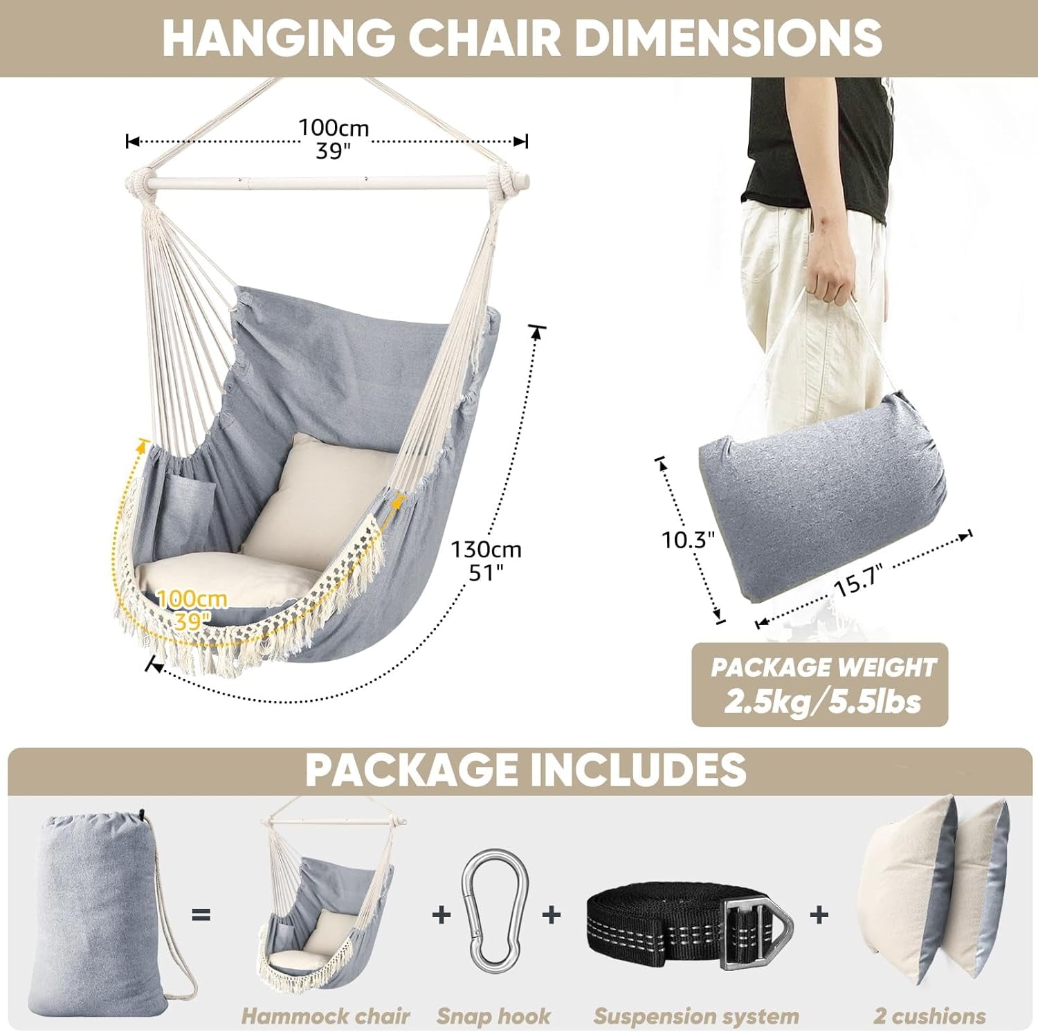 Hammock Chair Hanging Seat 2 Pillows Included,Durable Stainless Steel Spreader Bar Portable Hanging Chair Side Pocket Large Macrame Chair Set Quality Cotton Weave for Comfort Indoor Outdoor